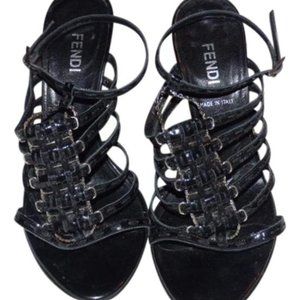 LA*Fendi Textured Black Strappy Leather & Silver Pump